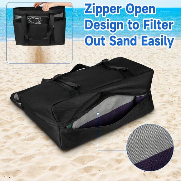 Women's Black with Front Buckles Mesh Beach Tote Waterproof Sandproof Beach Bag - Picture 3 of 8